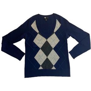 Aqua 100% Cashmere Argyle V-Neck Sweater